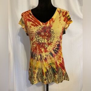 One World yellow tie dye paisley print beaded short sleeve shirt size large